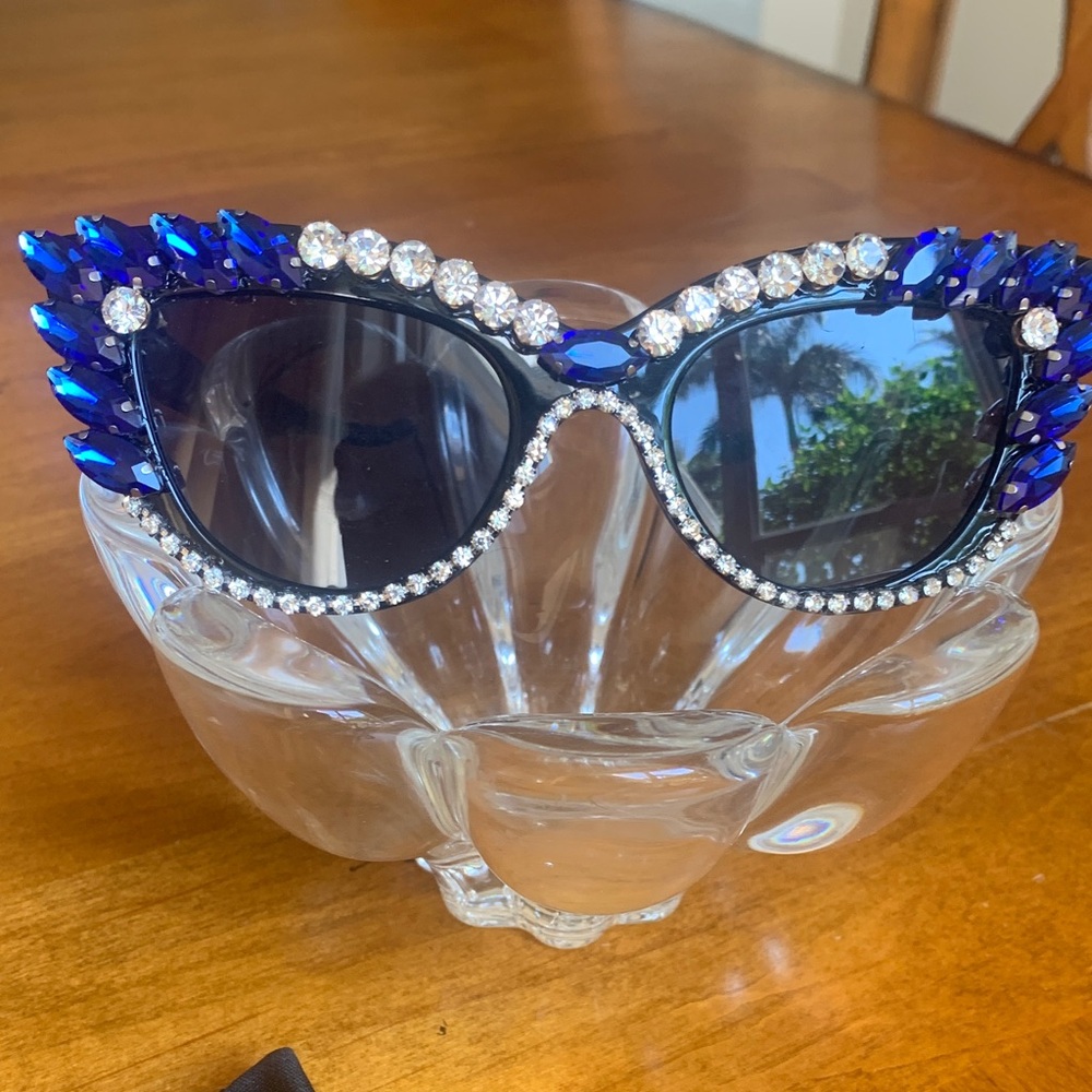 Embellished Cat Eye Sunglasses - Blue Crystal Accent